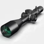 Swampfox Warhawk 5-25x56 black scope, angled front view with green lens and adjustment turrets