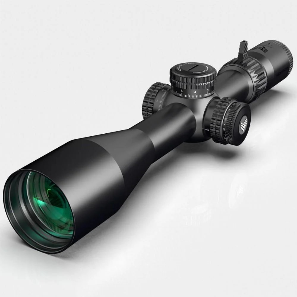 primary-46669 Swampfox Warhawk 5-25x56 black scope, angled front view with green lens and adjustment turrets