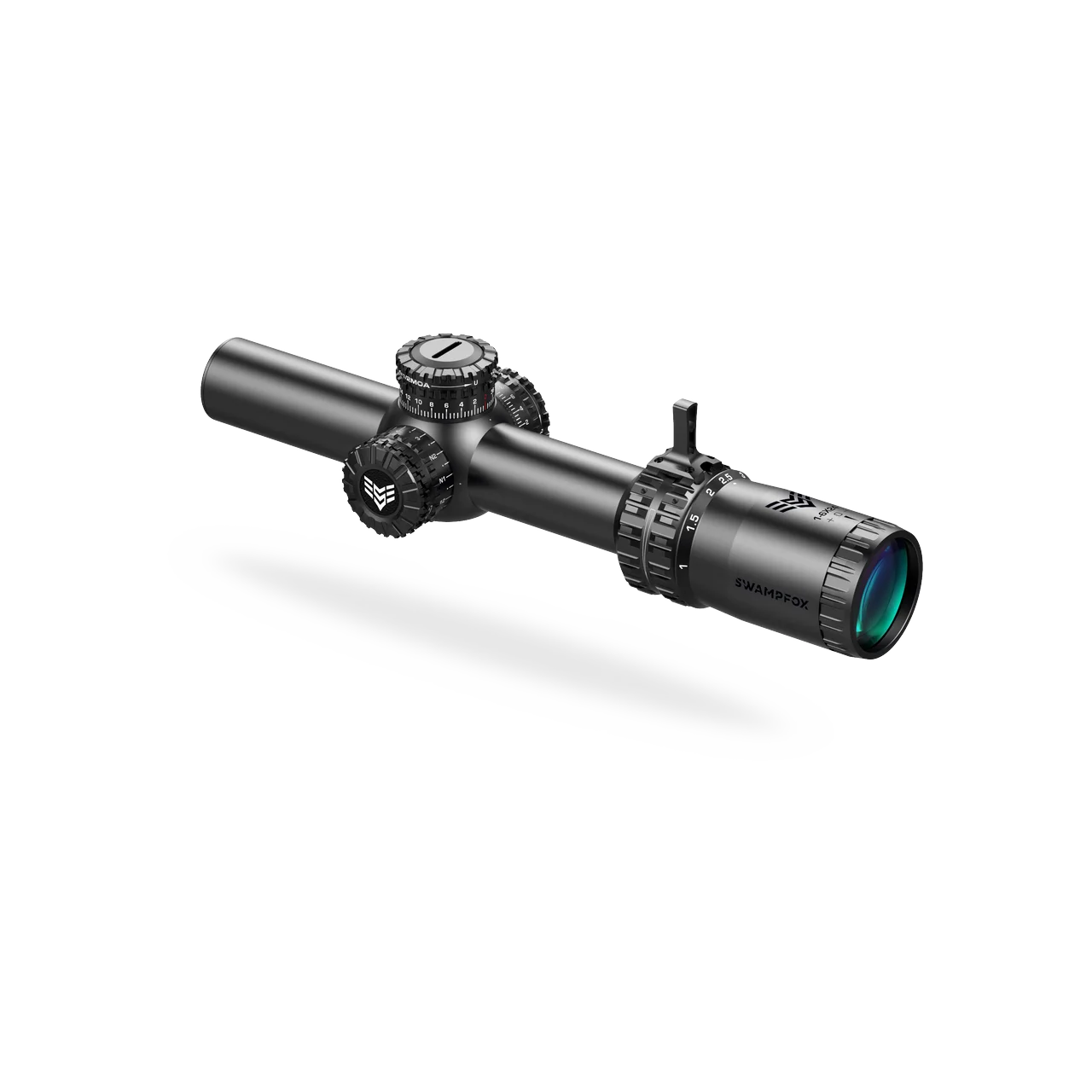 primary-46681 Swampfox Arrowhead LPVO black scope, side view with adjustment turrets and green-tinted lens