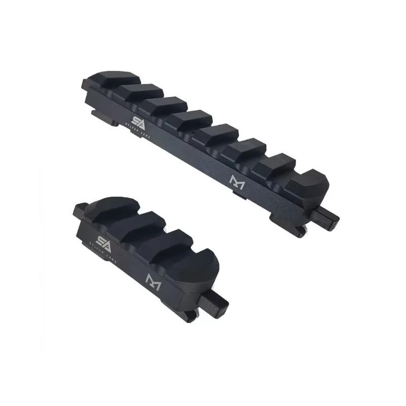 primary-46685 10 Ring Sylvan Arms 2 Piece QD Rail Combo Black, angled view of two black rail sections