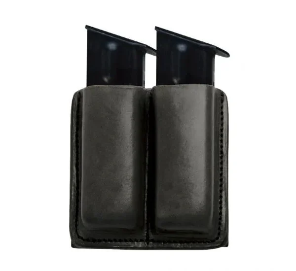 Tagua Double Mag Carrier black front view with two pouches and belt loops