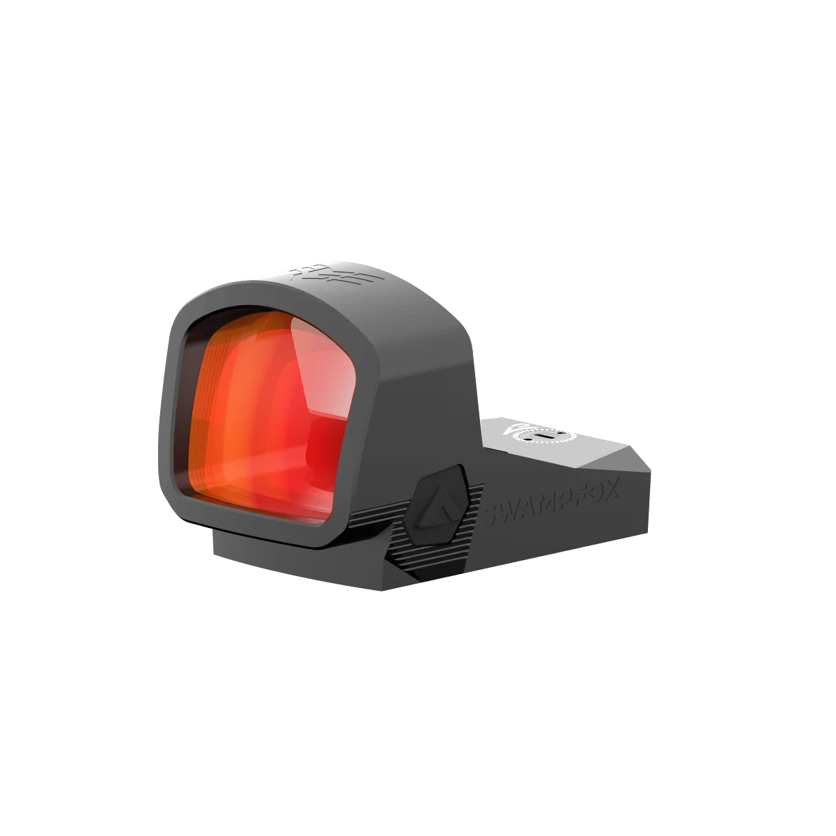 primary-46696 10 Ring Swampfox Justice II RMR, black reflex sight in angled front and right-side view