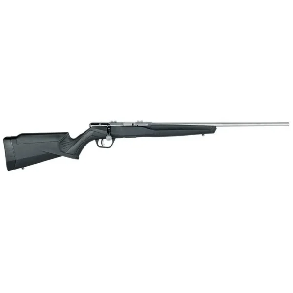 Savage Arms B22 FV rifle in right-side view with black stock and stainless barrel
