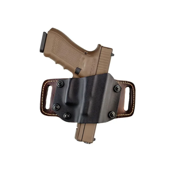TX 1836 Mini Partner holster, black Kydex and brown leather with belt slots and handgun inserted