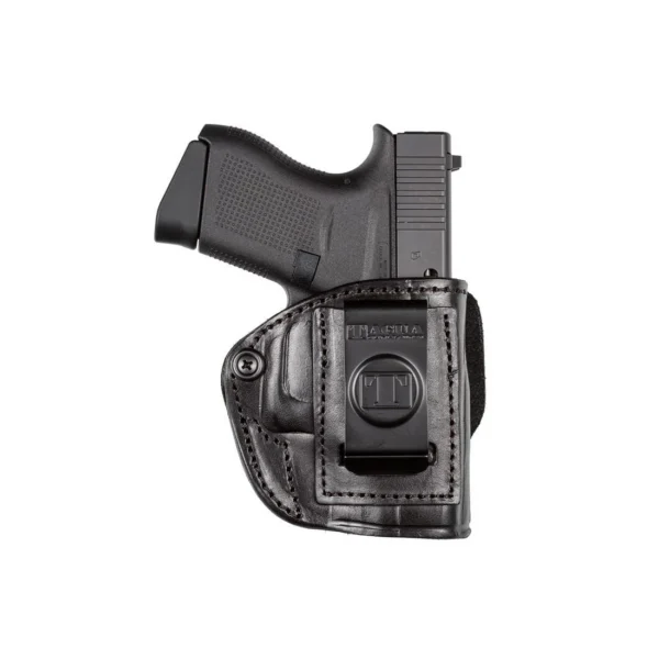 TX 1836 by Tagua, black right-hand leather holster with handgun shown in side view