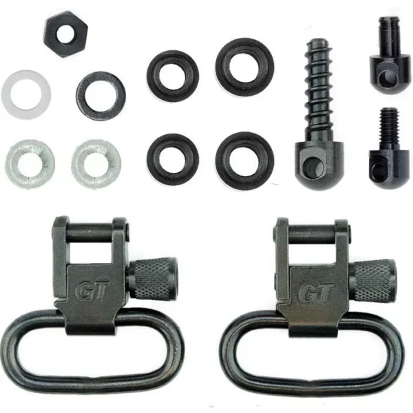 Grovtec Shotgun Locking Swivel Set, top view of two black swivels, studs and assorted washers