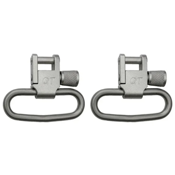 Grovtec Locking Swivel Set, two silver rectangular sling swivels with knurled locking screws