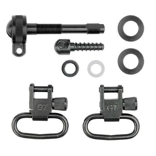 Grovtec Locking Swivel Sets, black swivels, screws and washers arranged in a top view