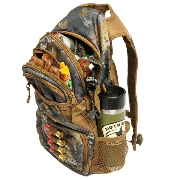 Rig'Em Right Stump Jumper Backpack in Optifade Timber camo, front angled view with open pockets