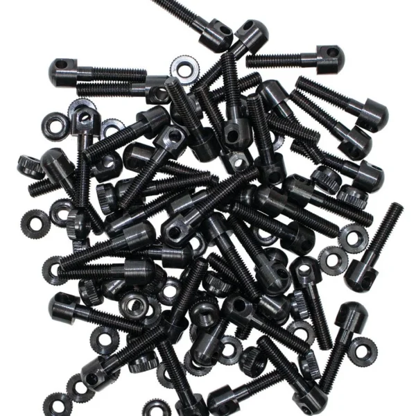 GrovTec Bulk Parts Machine Screws Swivel Studs & Nuts, pile of black studs and silver nuts
