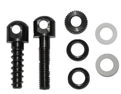 GrovTec Bulk Parts Wood Screw Swivel Studs, two black studs with assorted black and white washers