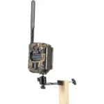 Covert T60 T-Post Camera Mount, mounted on a wooden post beneath a camo trail camera