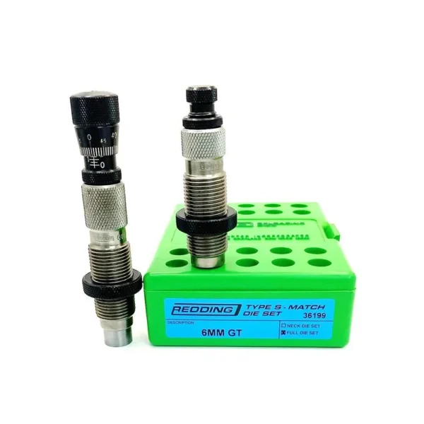 Redding 6mm GT Type S-Match Full Die Set, two silver dies upright in a green holder