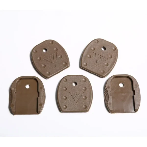 TangoDown Vickers Tactical Magazine Floor Plates for Glock, five tan plates shown front and back