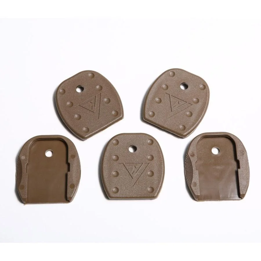primary-46828 TangoDown Vickers Tactical Magazine Floor Plates for Glock, five tan plates shown front and back