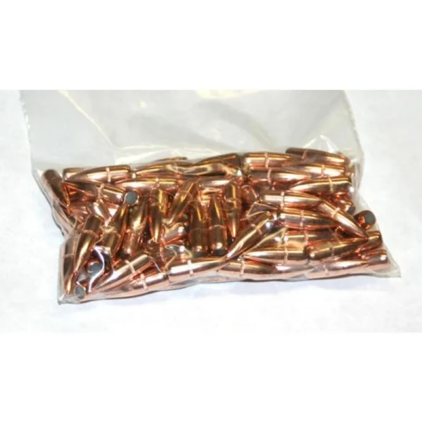 Hornady Traditional FMJ Rifle Bullets, copper-colored bullets in a clear plastic bag, front view