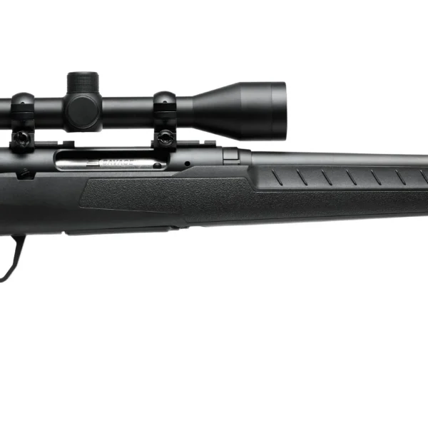 Savage Arms SAV AXIS XP CMPCT, right-side view of black rifle with mounted scope