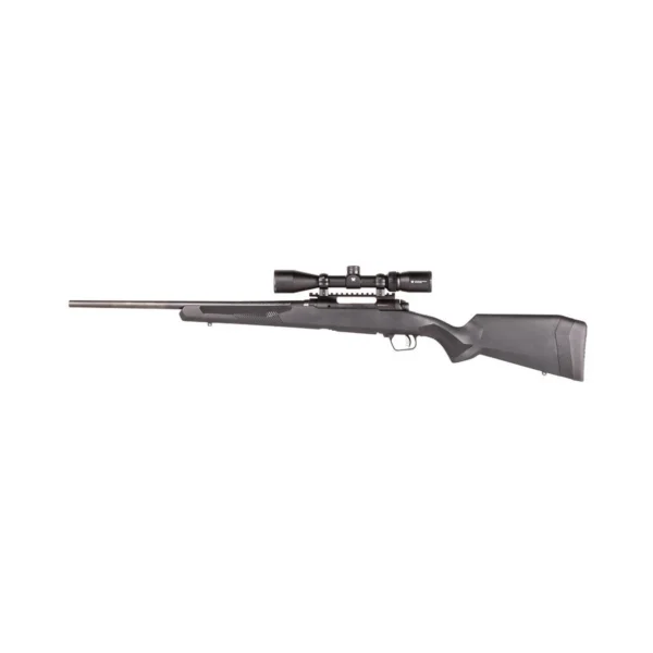 Savage Arms SAV 110 APXHTR PKG rifle in left-side view with gray stock and mounted scope