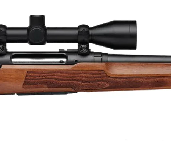 Savage Arms SAV AXIS 2 XP HRDWD, right-side view with wood stock, black barrel and mounted scope