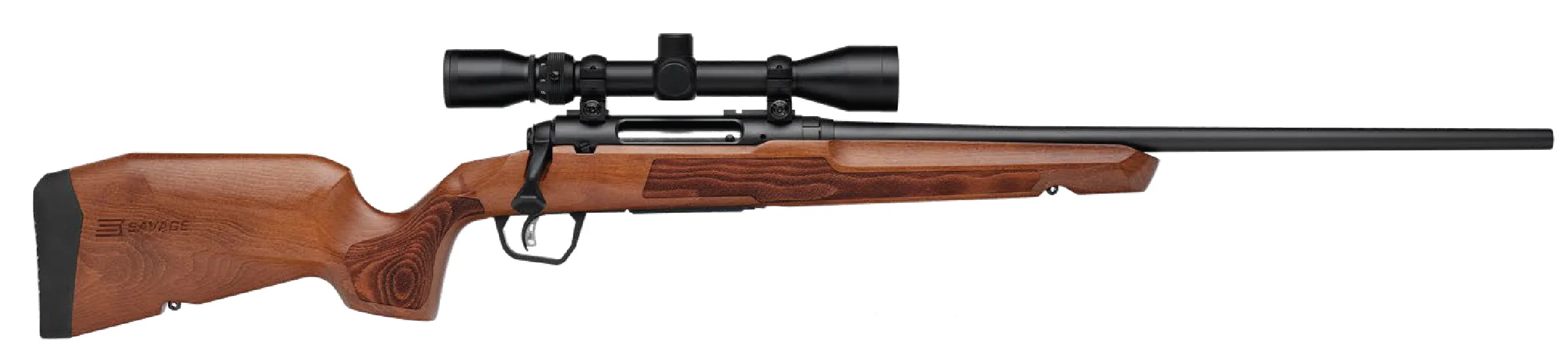primary-46862 Savage Arms SAV AXIS 2 XP HRDWD, right-side view with wood stock, black barrel and mounted scope