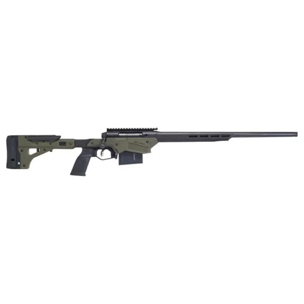 Savage Arms Axis II Precision Rifle, OD green right-side view with black barrel and chassis stock