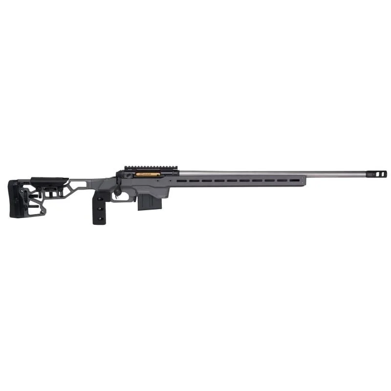 primary-46884 Savage Arms SAV 110 ELT PRSN rifle, right-side view with gray chassis, long barrel and magazine