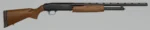 Mossberg 500 Bantam blue shotgun with brown stock and fore-end, right-side view