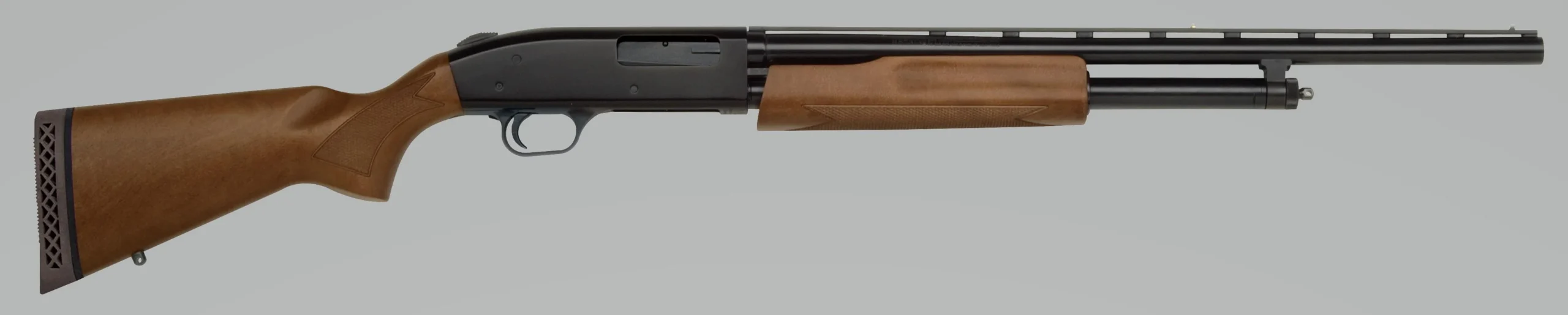 primary-46923 Mossberg 500 Bantam blue shotgun with brown stock and fore-end, right-side view