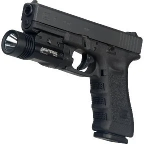 primary-46931 Nightstick Metal Weapon-Mounted Light, black right-side view mounted under a handgun barrel
