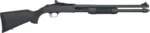 Mossberg MSBRG 590, black shotgun in left-side view with synthetic stock and pump fore-end