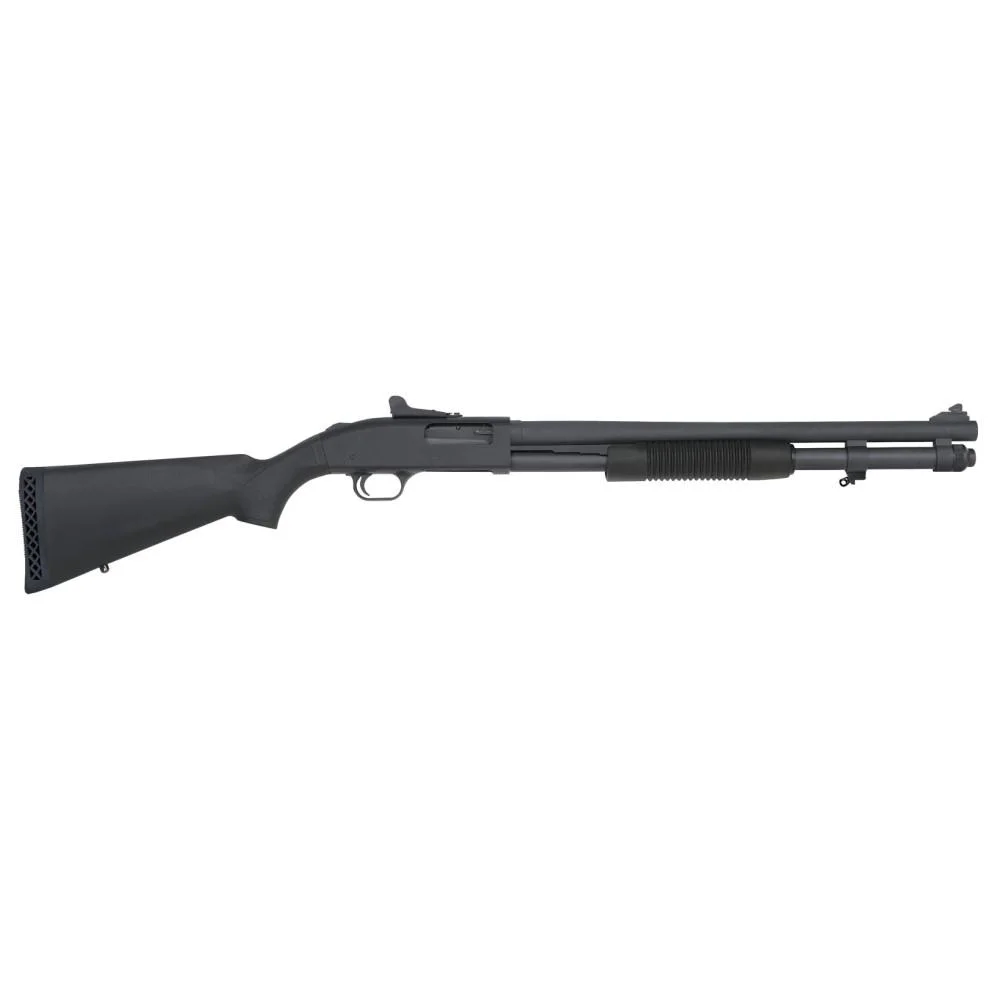 primary-46936 Mossberg MSBRG 590A1, black shotgun in right-side view with full stock and ring sights