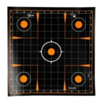 ALLEN EZ AIM SPLASH SIGHT IN target, front view with grid and five orange bullseyes