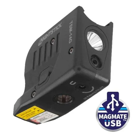 primary-46942 Nightstick Weapon Light with Green Laser, black angled view with light lens and laser aperture