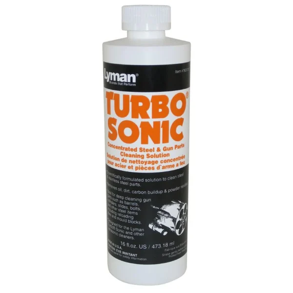 Lyman Turbo Sonic Cleaning Solution, white 16 oz bottle with black and orange label