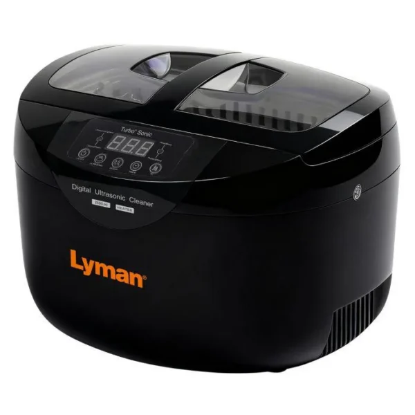 Lyman Turbo Sonic Ultrasonic Case Cleaner, black front view with clear lid and digital control panel