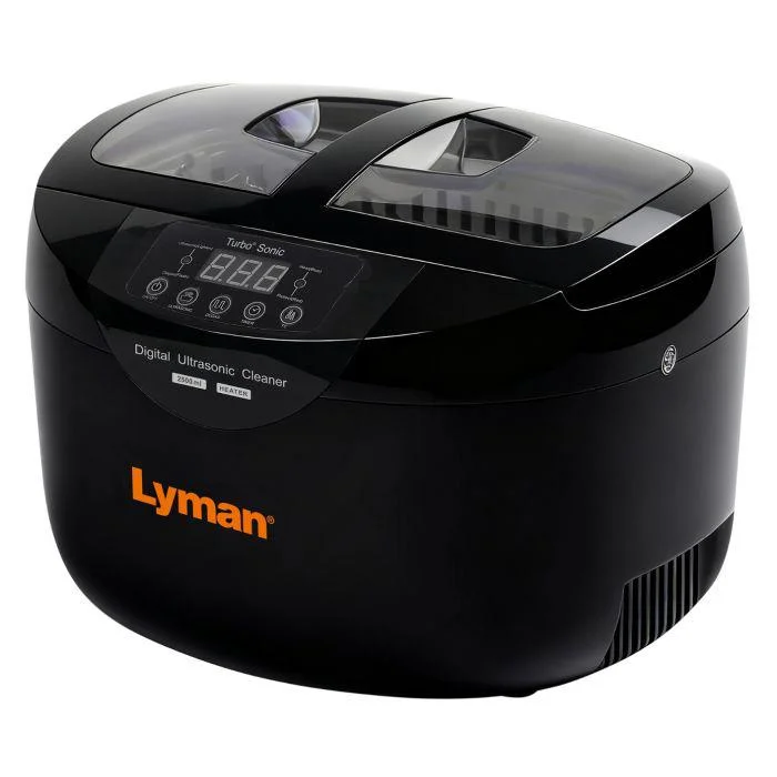 primary-46944 Lyman Turbo Sonic Ultrasonic Case Cleaner, black front view with clear lid and digital control panel