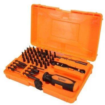 primary-46949 Lyman Master Gunsmith Tool Kit, open orange case with driver, bits and tools arranged inside
