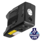 Nightstick Weapon Light with Green Laser, black angled view showing front light and USB logo