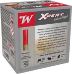 Winchester Xpert Steel Shotshells, gray and red ammunition box viewed from front and side
