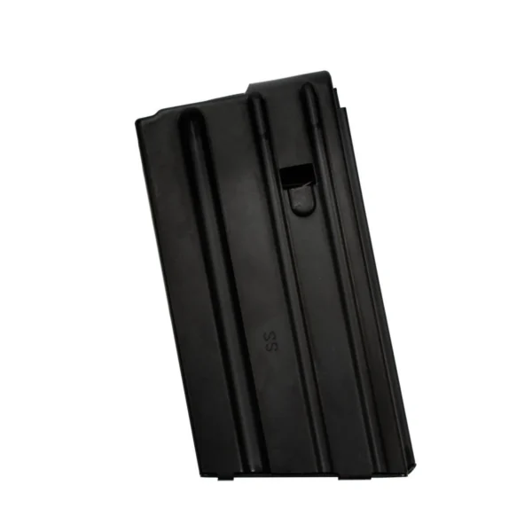 MAG DURAMAG 5RD magazine, black angled front view with ribbed metal body