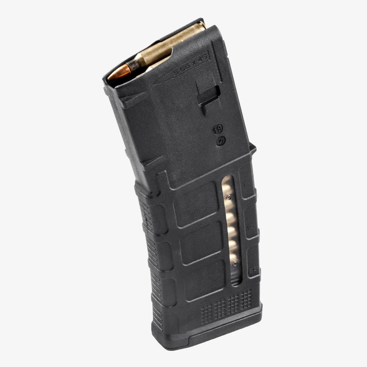 primary-47011 MAGPUL PMAG M3 black magazine, angled side view with window and visible top cartridge