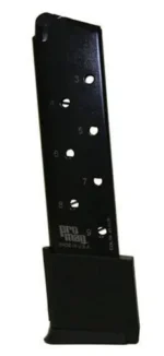ProMag Colt Government Magazine, black steel magazine in angled side view with extended base