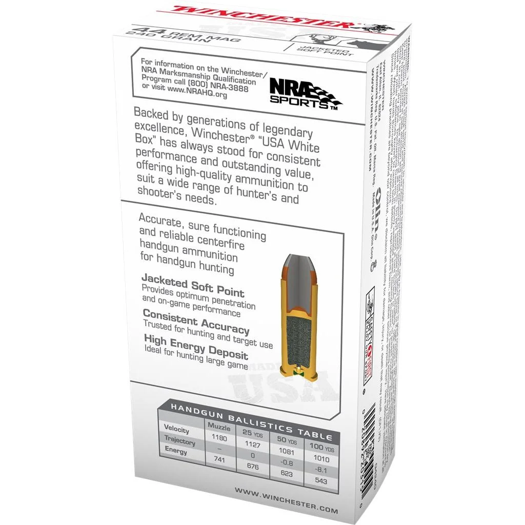 primary-47028 Winchester USA Handgun Ammunition angled rear box view with white packaging and cartridge graphic