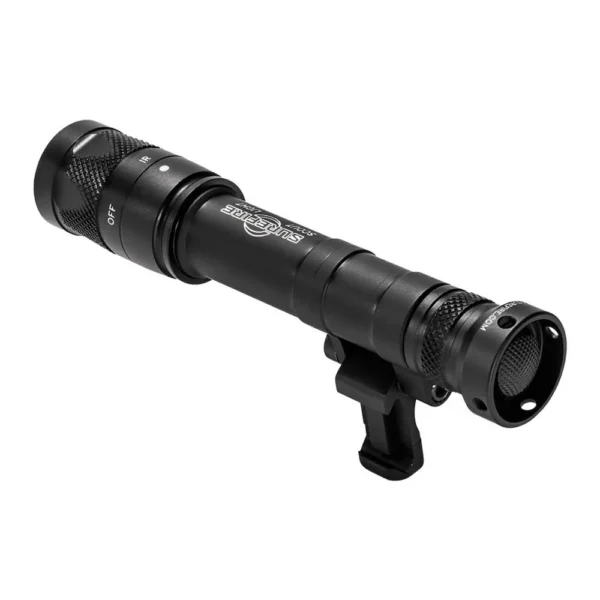 Surefire Infrared Scout Light Pro black weapon light in angled side view with mount and tailcap