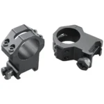 WEAVER 4-HOLE TACT RNG 1-inch XX-H MATTE, two black scope rings in angled views with mounting bolts