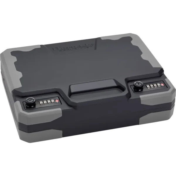 Hornady Treklite Lock Box XXL, gray and black closed case in top three-quarter view with two locks