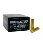 Double Tap Snakeshot Handgun Ammunition, black box with two brass cartridges beside it