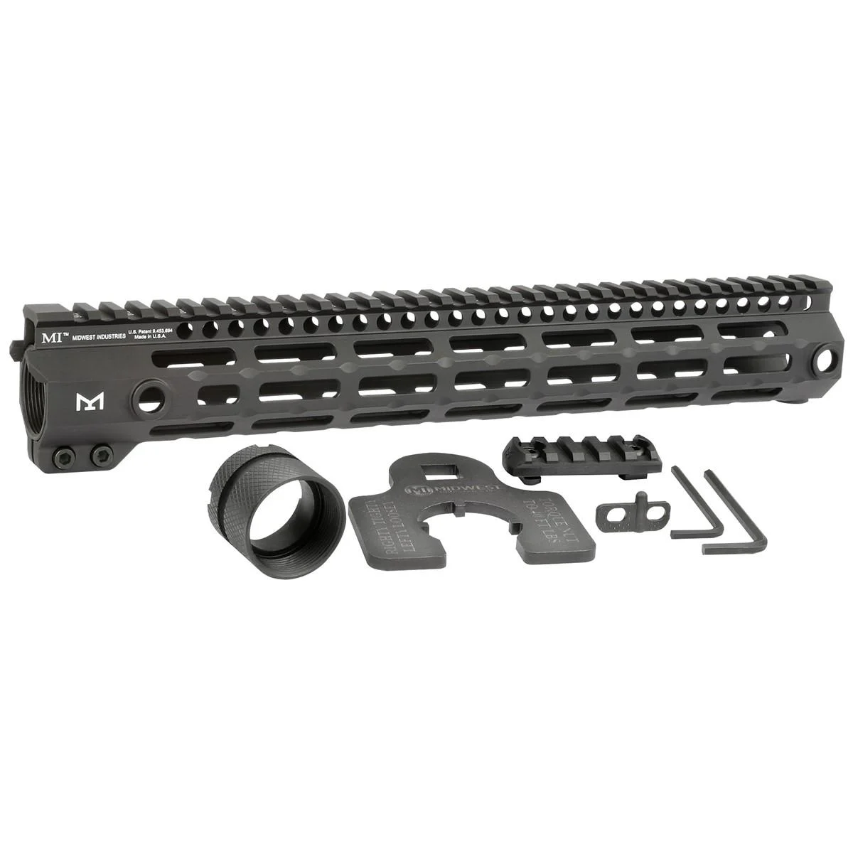 primary-47066 Midwest Industries One Piece Free Floating Handguard, black side view with M-LOK slots and hardware