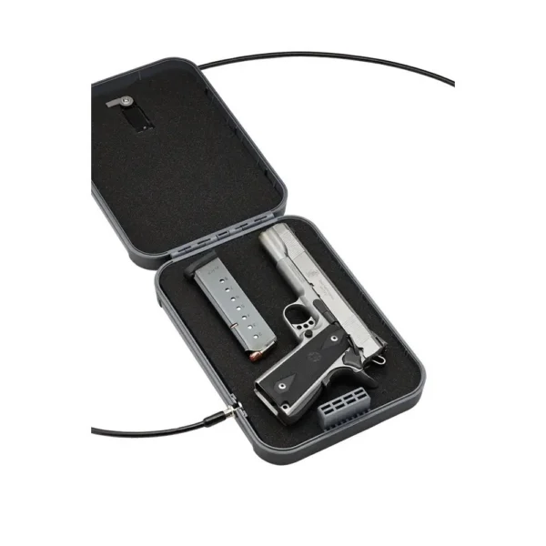 Snapsafe TrekLite Lock Box XL, open black case with combination lock cable and foam-lined interior