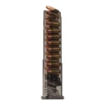 Elite Tactical Systems Carbon Smoke handgun magazine, front view with translucent body and cartridges
